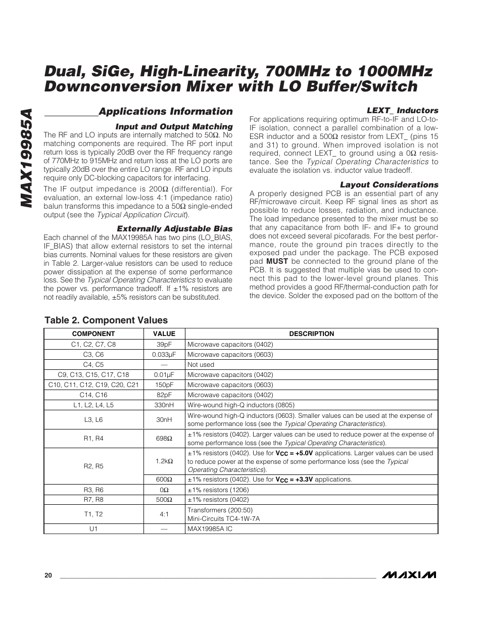 Applications information, Table 2. component values | Rainbow Electronics MAX19985A User Manual | Page 20 / 23