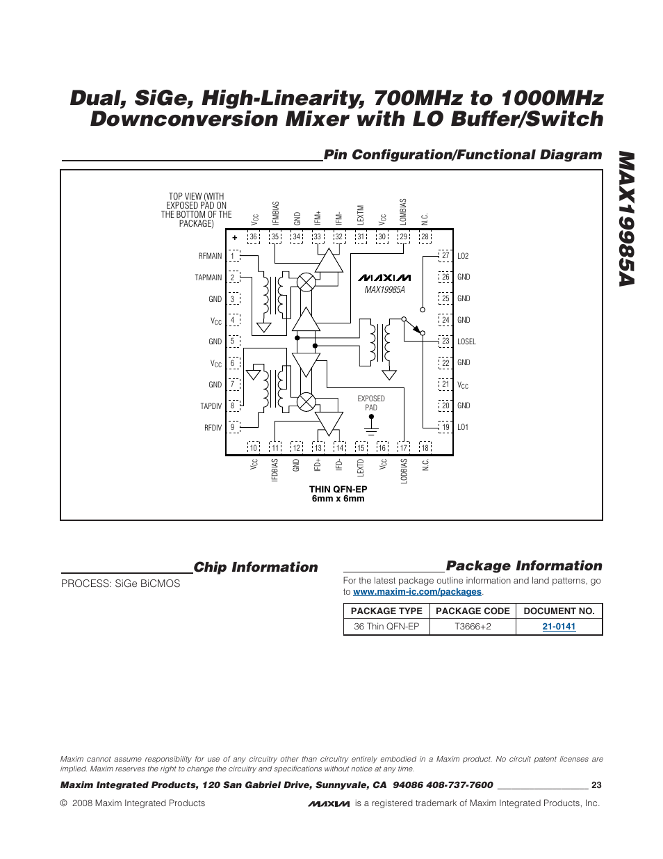 Pin configuration/functional diagram, Chip information, Package information | Rainbow Electronics MAX19985A User Manual | Page 23 / 23