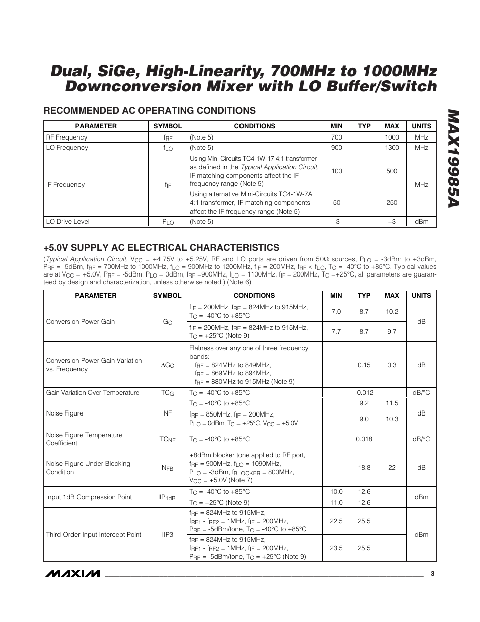 Recommended ac operating conditions, 0v supply ac electrical characteristics | Rainbow Electronics MAX19985A User Manual | Page 3 / 23