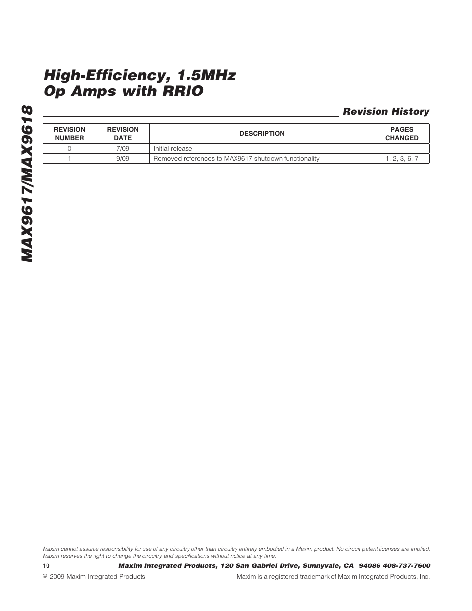 Revision history | Rainbow Electronics MAX9618 User Manual | Page 10 / 10