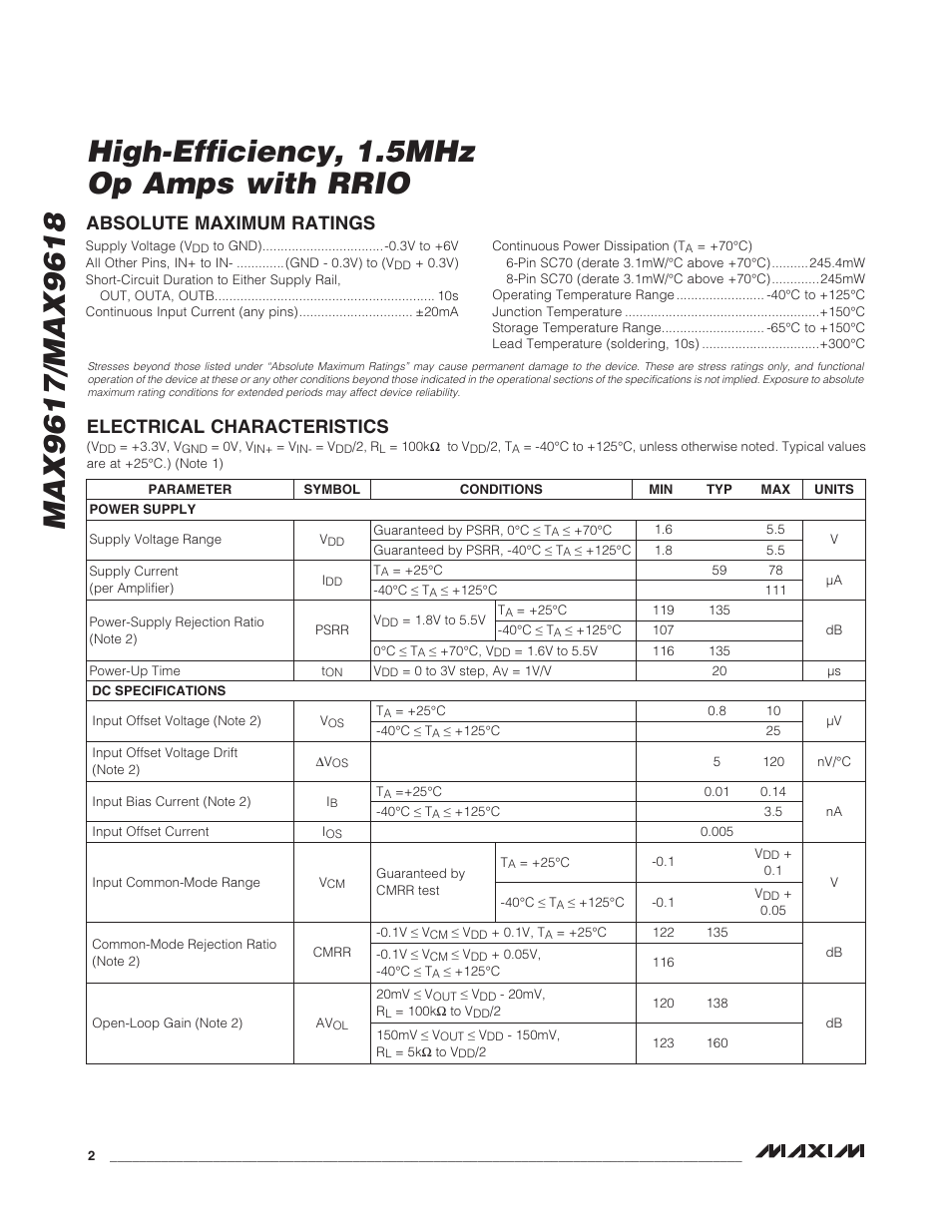 Electrical characteristics, Absolute maximum ratings | Rainbow Electronics MAX9618 User Manual | Page 2 / 10