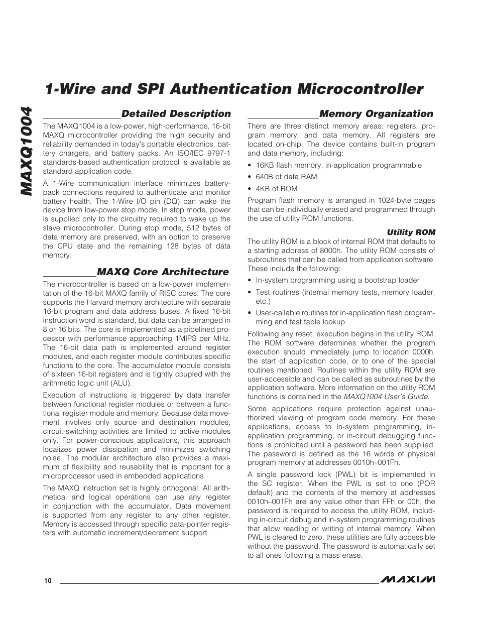 Detailed description, Maxq core architecture, Memory organization | Utility rom | Rainbow Electronics MAXQ1004 User Manual | Page 10 / 18