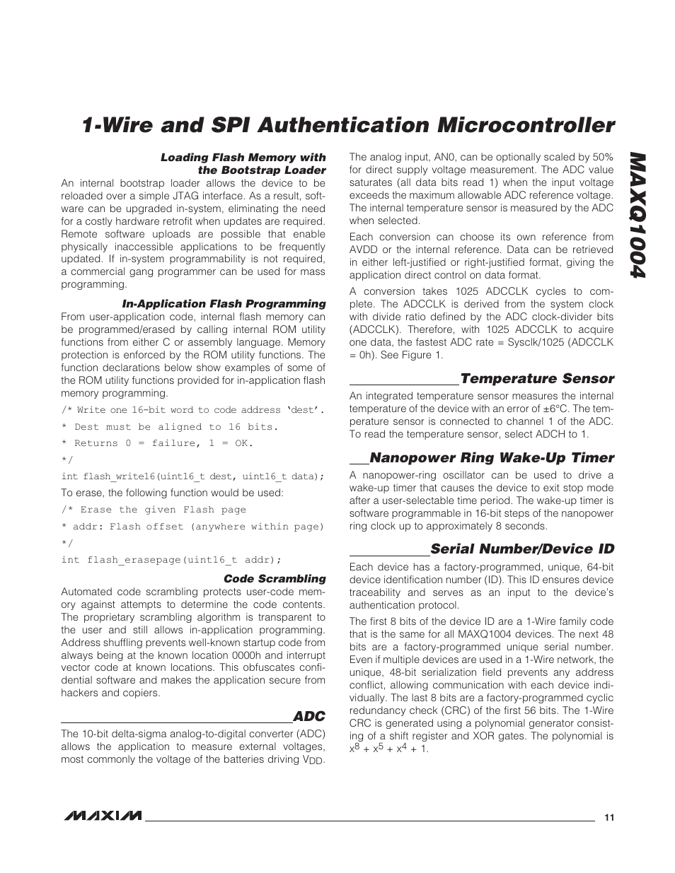Loading flash memory with the bootstrap loader, In-application flash programming, Code scrambling | Temperature sensor, Nanopower ring wake-up timer, Serial number/device id | Rainbow Electronics MAXQ1004 User Manual | Page 11 / 18