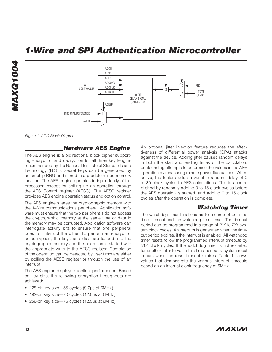 Hardware aes engine, Watchdog timer, Hardware aes engine watchdog timer | Figure 1. adc block diagram | Rainbow Electronics MAXQ1004 User Manual | Page 12 / 18