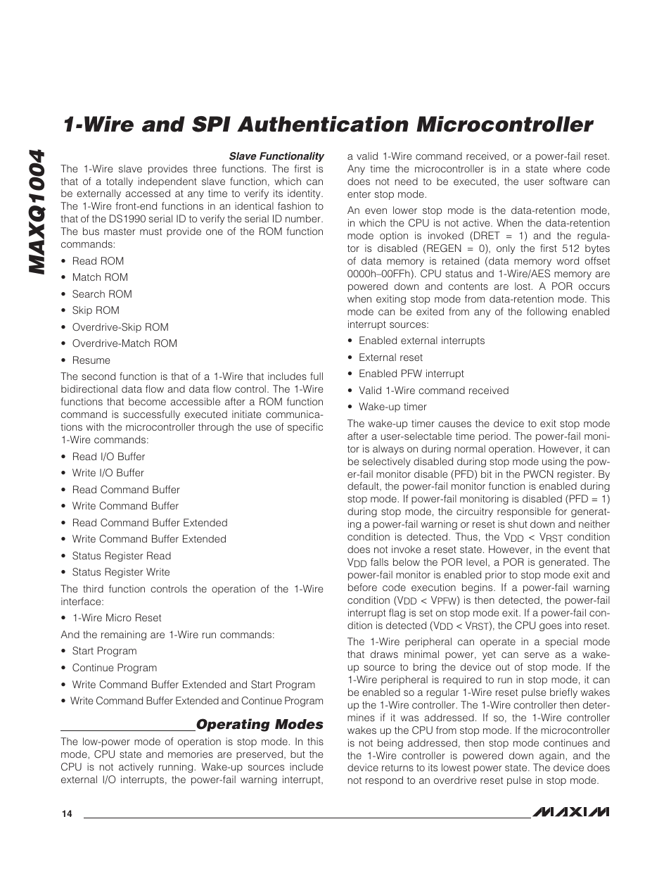 Slave functionality, Operating modes | Rainbow Electronics MAXQ1004 User Manual | Page 14 / 18