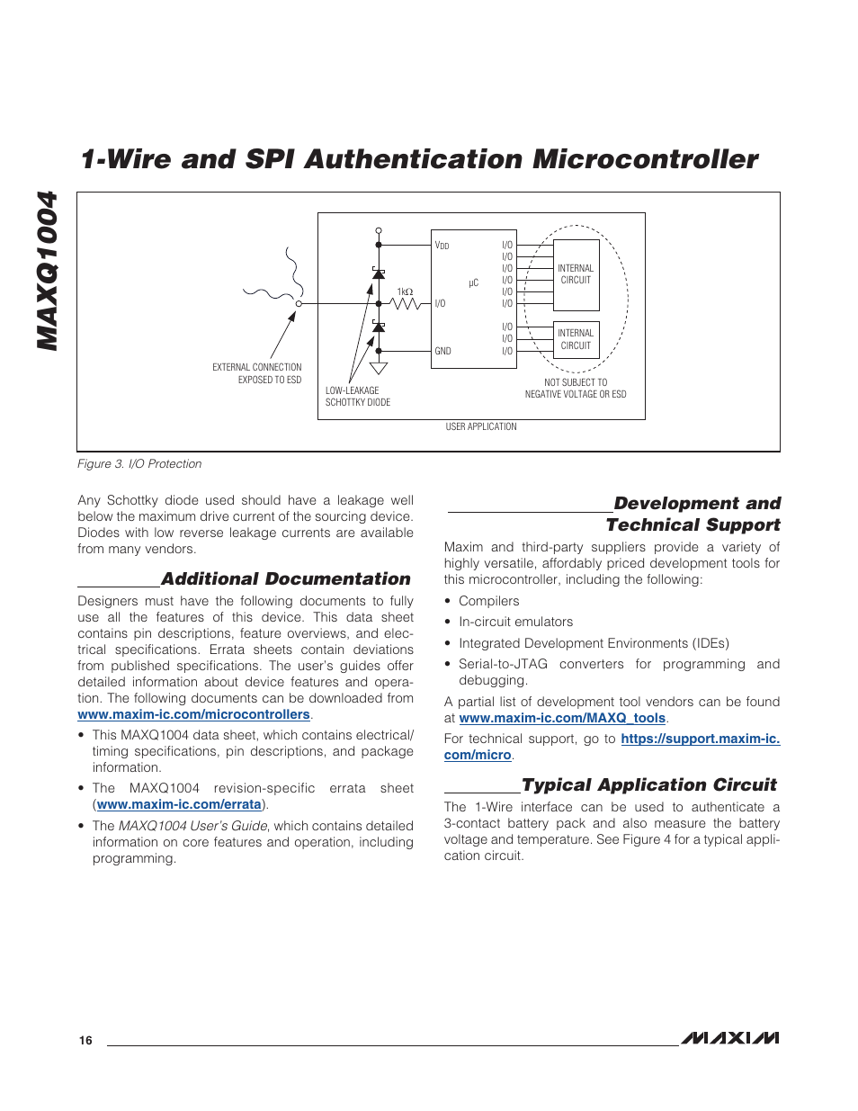 Additional documentation, Development and technical support, Typical application circuit | Figure 3. i/o protection | Rainbow Electronics MAXQ1004 User Manual | Page 16 / 18