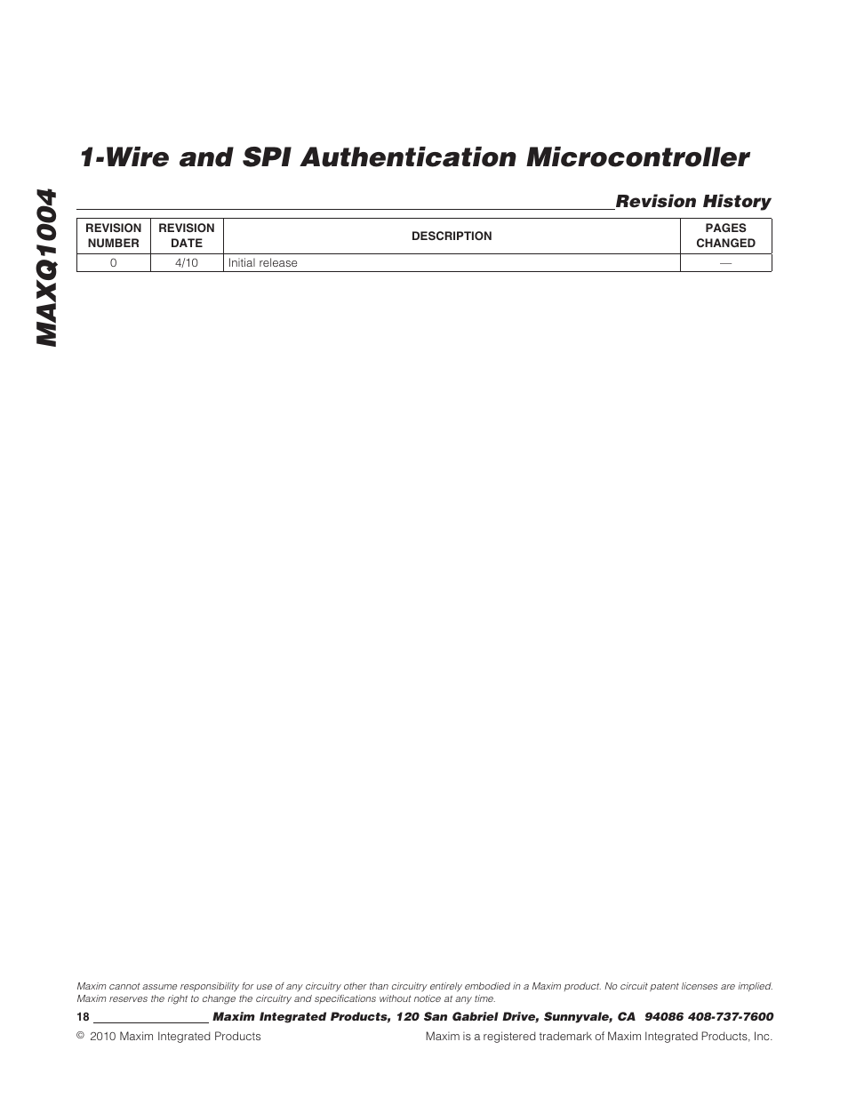 Revision history | Rainbow Electronics MAXQ1004 User Manual | Page 18 / 18