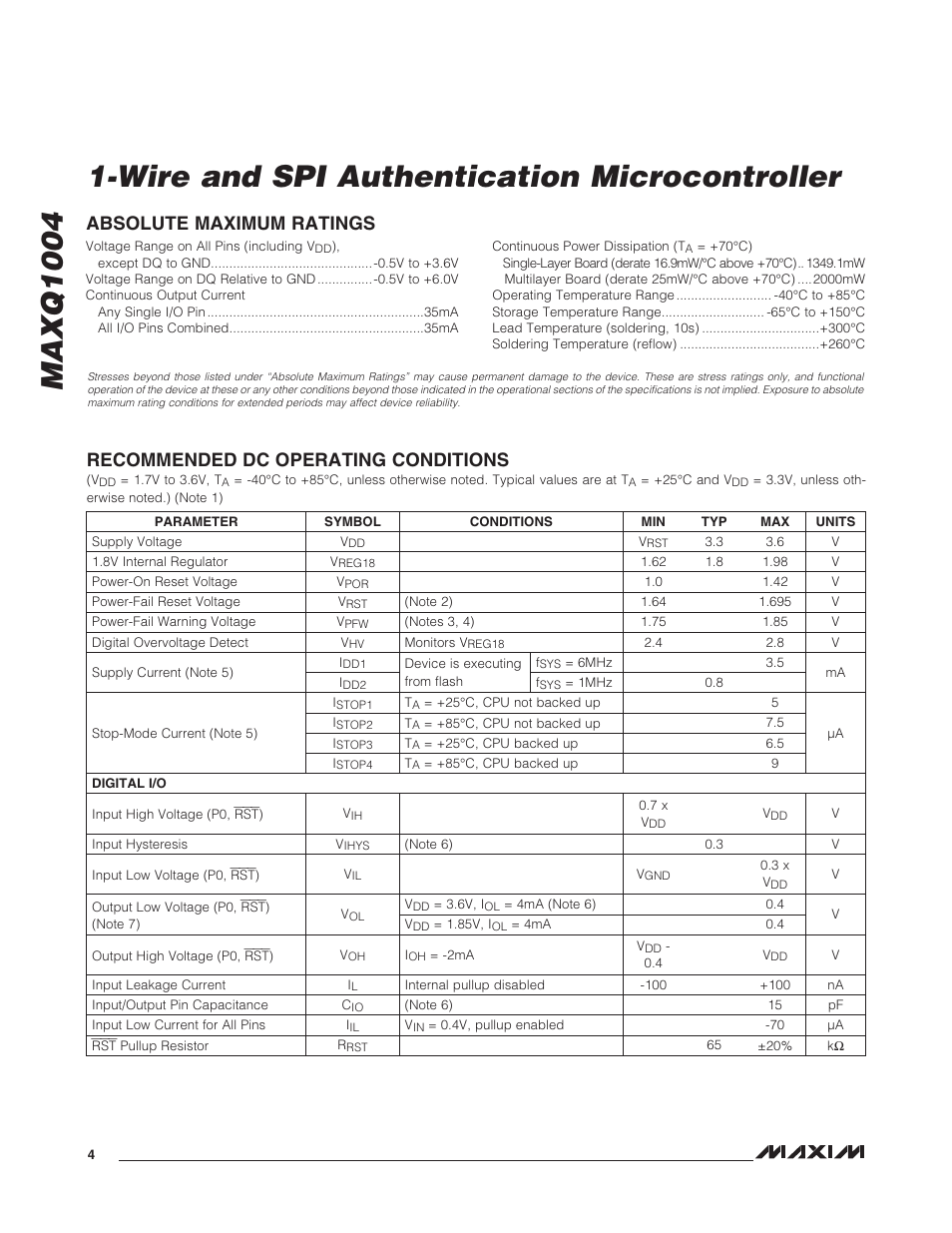 Absolute maximum ratings, Recommended dc operating conditions | Rainbow Electronics MAXQ1004 User Manual | Page 4 / 18