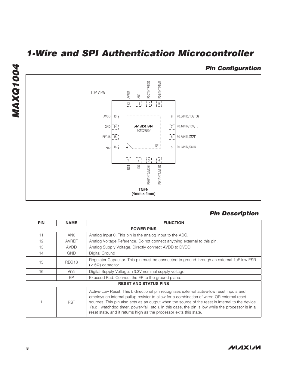 Pin configuration, Pin description, Pin configuration pin description | Rainbow Electronics MAXQ1004 User Manual | Page 8 / 18