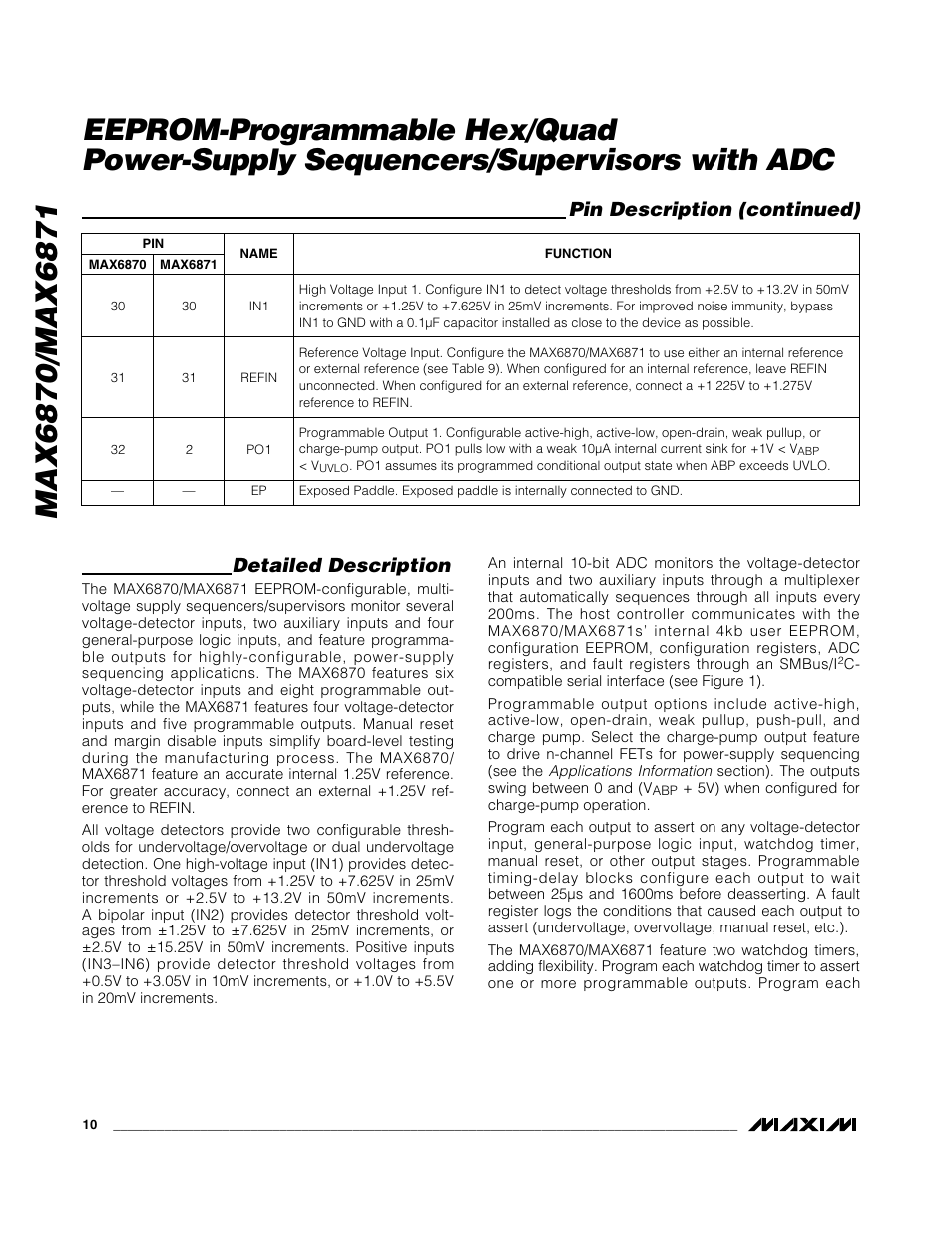 Detailed description, Pin description (continued) | Rainbow Electronics MAX6871 User Manual | Page 10 / 51