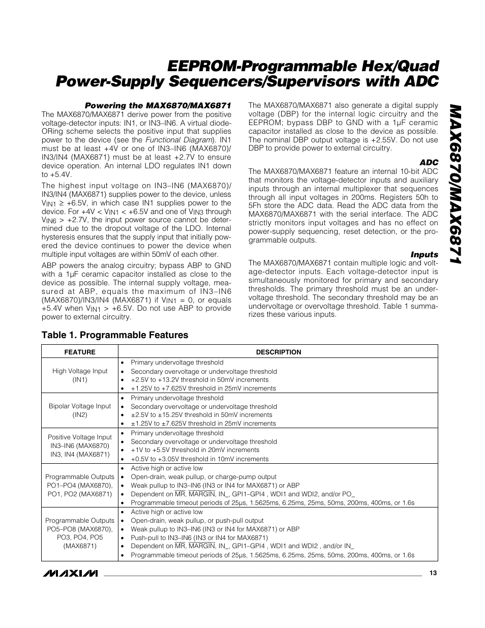 Table 1. programmable features | Rainbow Electronics MAX6871 User Manual | Page 13 / 51