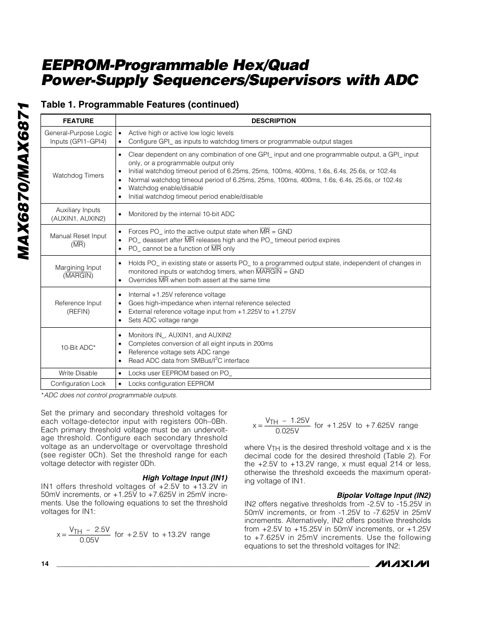 Table 1. programmable features (continued) | Rainbow Electronics MAX6871 User Manual | Page 14 / 51