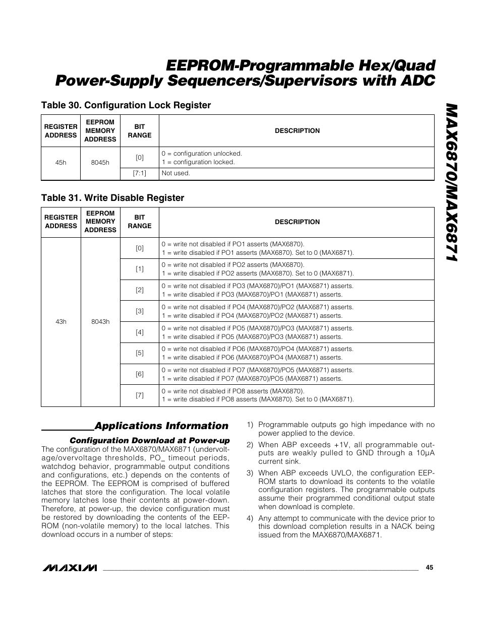 Applications information, Table 30. configuration lock register, Table 31. write disable register | Rainbow Electronics MAX6871 User Manual | Page 45 / 51