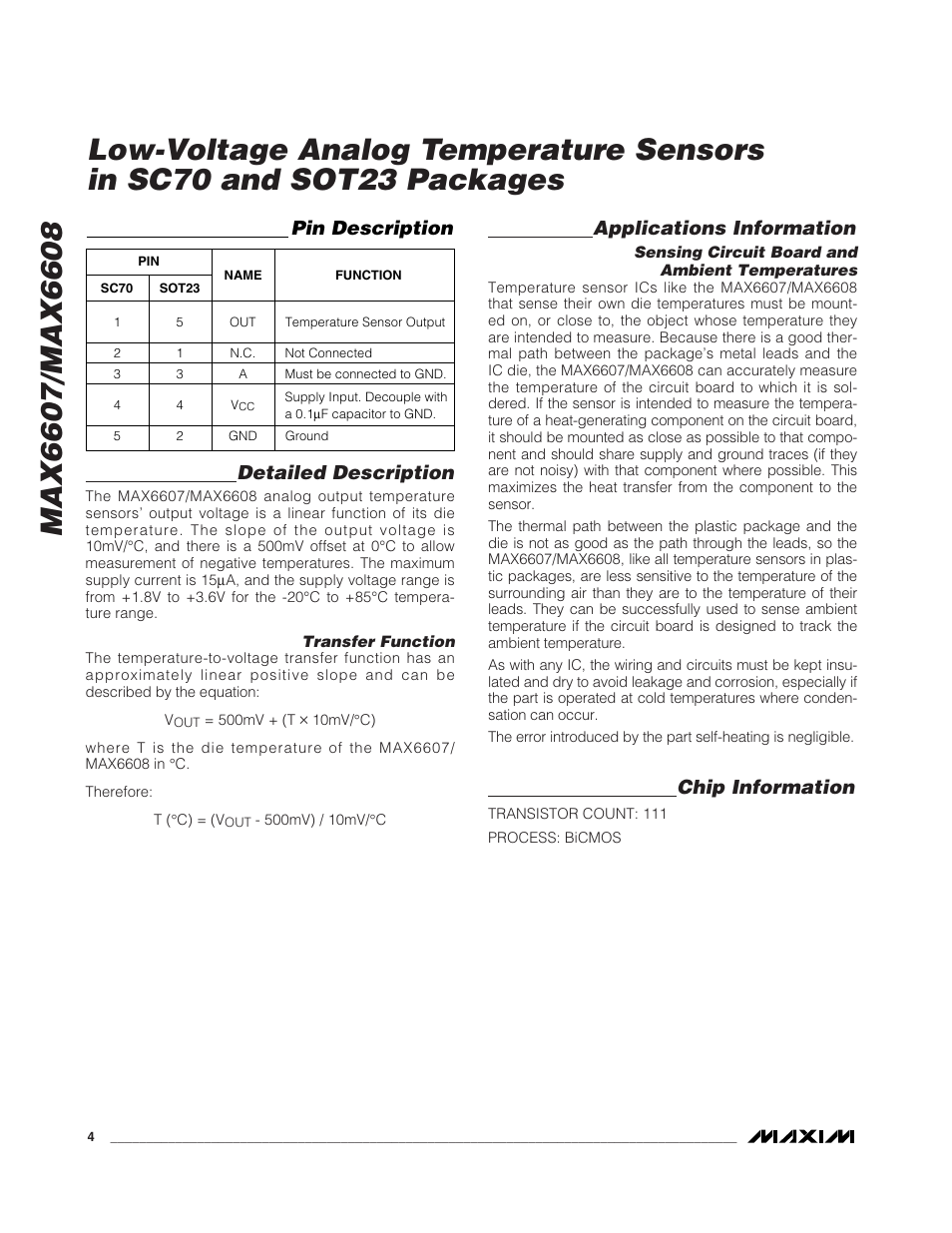 Detailed description, Applications information, Chip information | Pin description | Rainbow Electronics MAX6608 User Manual | Page 4 / 6