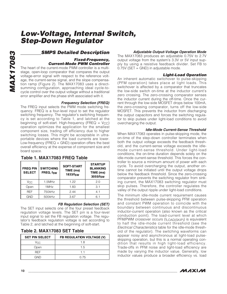 Low-voltage, internal switch, step-down regulator, Smps detailed description | Rainbow Electronics MAX17083 User Manual | Page 10 / 15