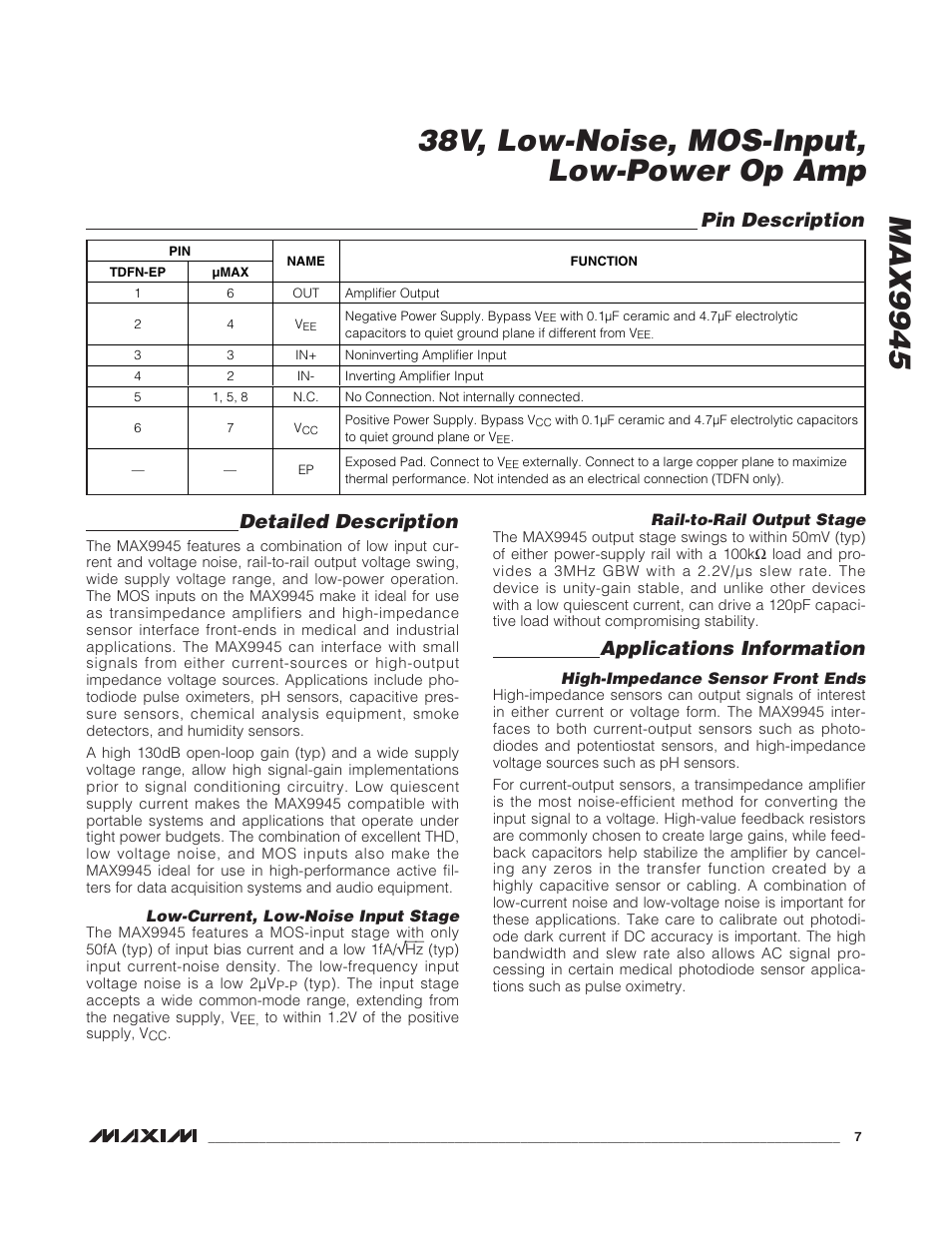 Detailed description, Applications information, Pin description | Rainbow Electronics MAX9945 User Manual | Page 7 / 13