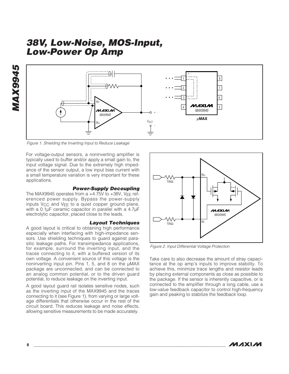 Max9945, 38v, low-noise, mos-input, low-power op amp, Power-supply decoupling | Layout techniques | Rainbow Electronics MAX9945 User Manual | Page 8 / 13