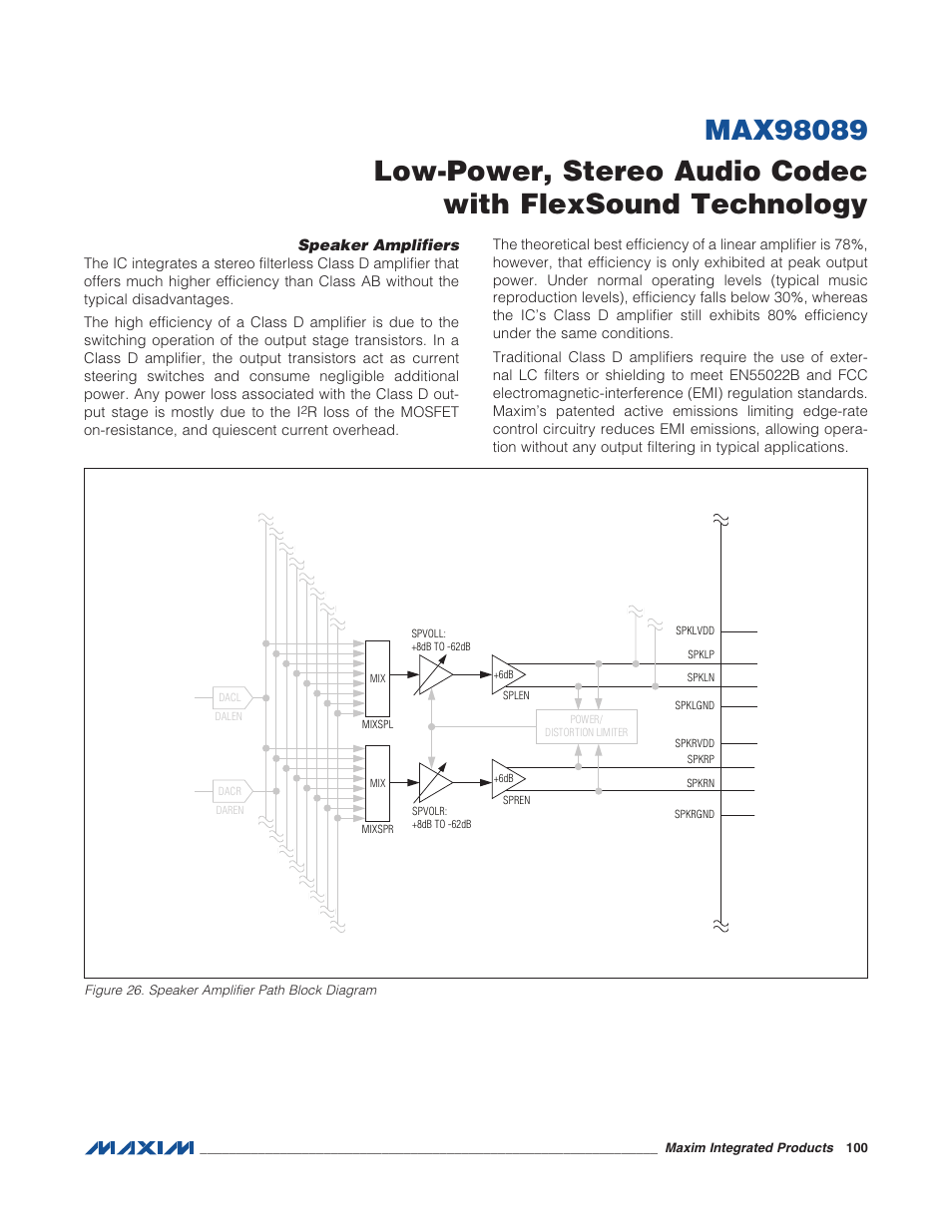 Speaker amplifiers, Figure 26. speaker amplifier path block | Rainbow Electronics MAX98089 User Manual | Page 100 / 131