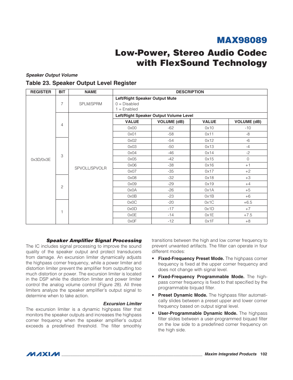 Speaker amplifier signal processing, Excursion limiter, Speaker output volume | Table 23. speaker output level register, Excursion limiter speaker output volume | Rainbow Electronics MAX98089 User Manual | Page 102 / 131