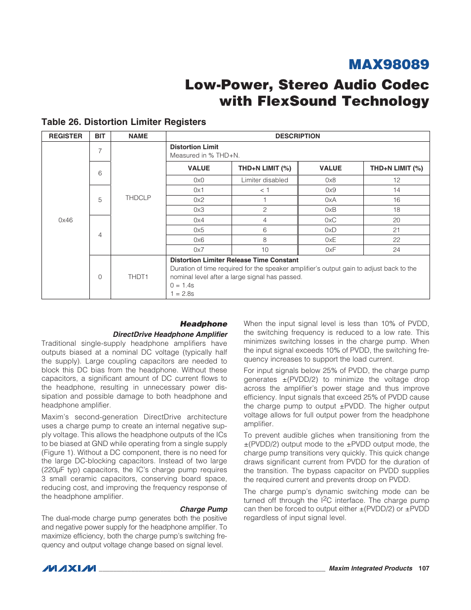 Headphone, Directdrive headphone amplifier, Charge pump | Table 26. distortion limiter registers, Directdrive headphone amplifier charge pump | Rainbow Electronics MAX98089 User Manual | Page 107 / 131