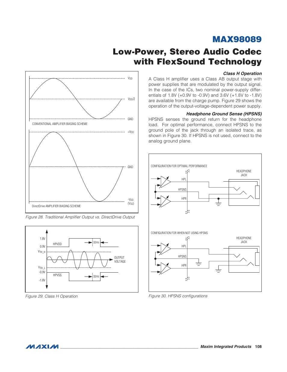 Class h operation, Headphone ground sense (hpsns), Figure 28. traditional amplifier output | Class h operation headphone ground sense (hpsns) | Rainbow Electronics MAX98089 User Manual | Page 108 / 131