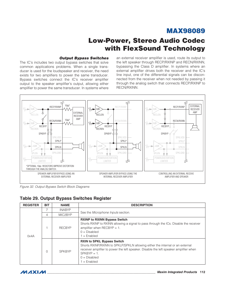 Output bypass switches, Figure 32. output bypass switch block di, Table 29. output bypass switches registe | Table 29. output bypass switches register | Rainbow Electronics MAX98089 User Manual | Page 112 / 131