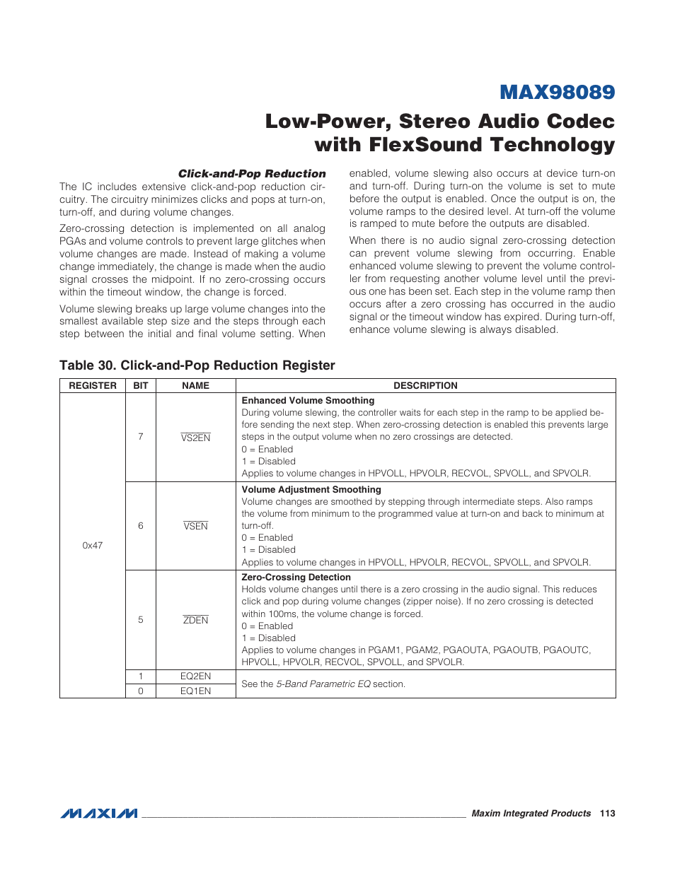 Click-and-pop reduction, Table 30. click-and-pop reduction regist | Rainbow Electronics MAX98089 User Manual | Page 113 / 131