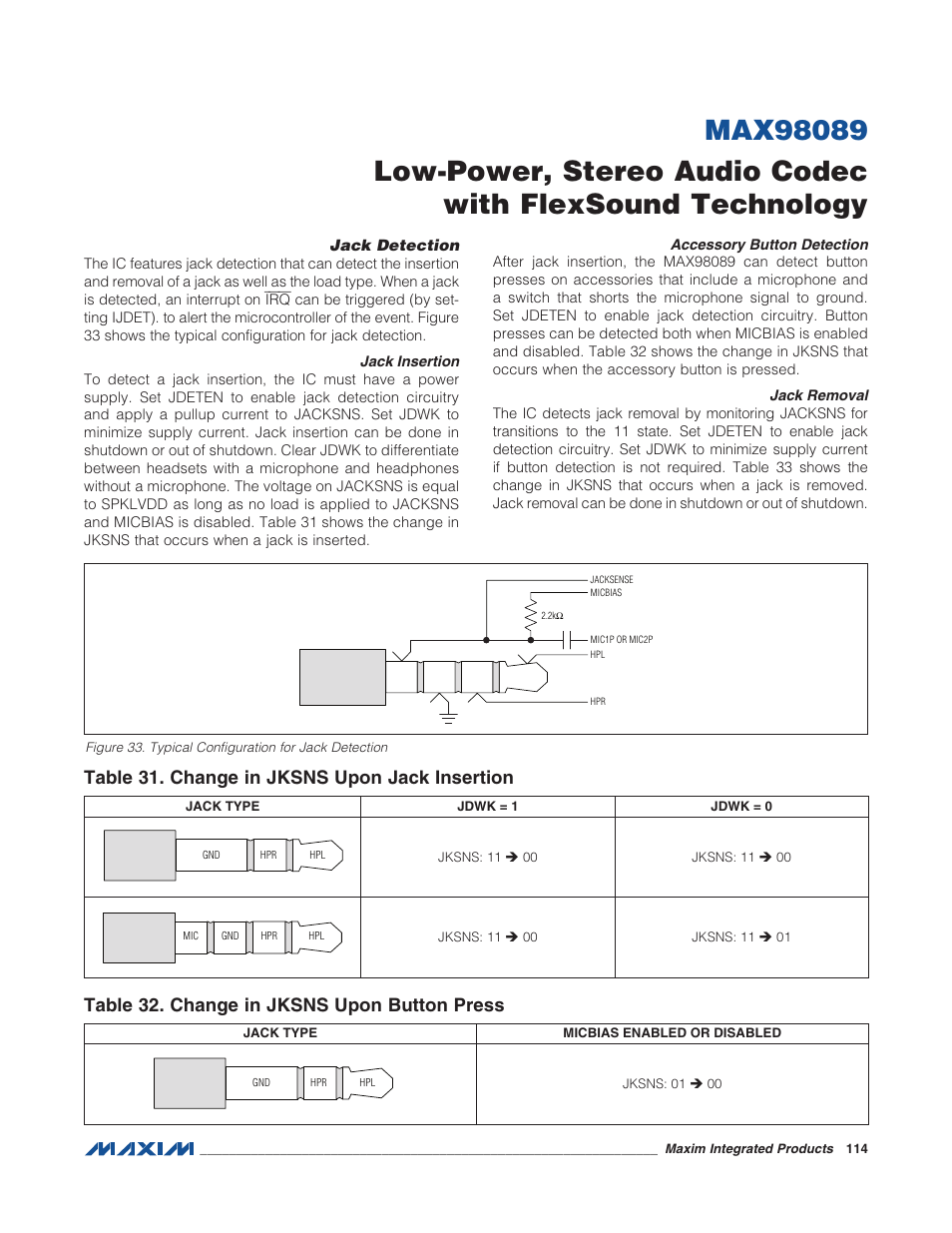 Jack detection, Jack insertion, Accessory button detection | Jack removal, Figure 33. typical configuration for jac, Table 31. change in jksns upon jack inse, Table 32. change in jksns upon button pr | Rainbow Electronics MAX98089 User Manual | Page 114 / 131