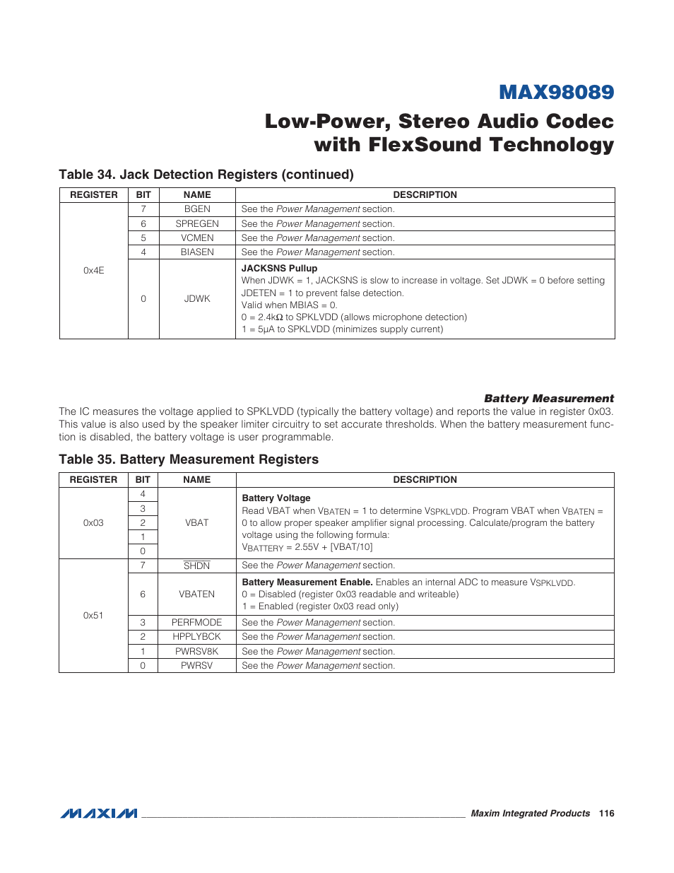 Battery measurement, Table 34. jack detection registers (cont, Table 35. battery measurement registers | Table 34. jack detection registers (continued) | Rainbow Electronics MAX98089 User Manual | Page 116 / 131