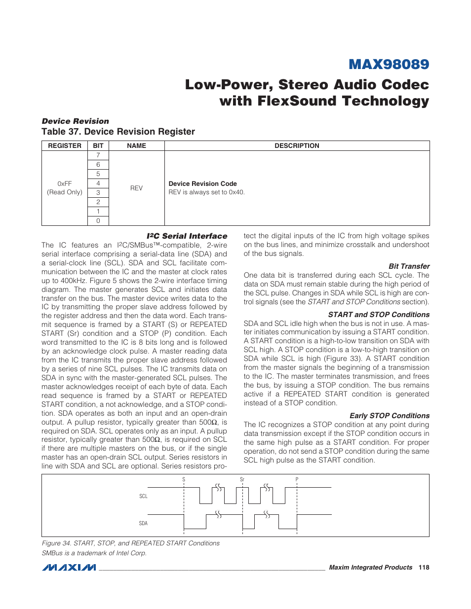 I2c serial interface, Bit transfer, Start and stop conditions | Early stop conditions, Device revision, Figure 34. start, stop, and repeated sta, Table 37. device revision register, C serial interface | Rainbow Electronics MAX98089 User Manual | Page 118 / 131