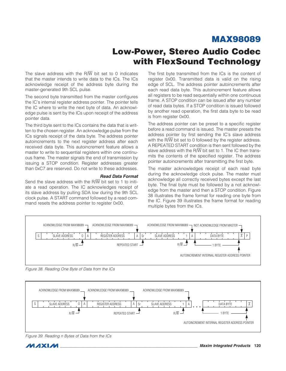 Read data format, Figure 38. reading one byte of data from, Figure 39. reading n bytes of data from | Rainbow Electronics MAX98089 User Manual | Page 120 / 131