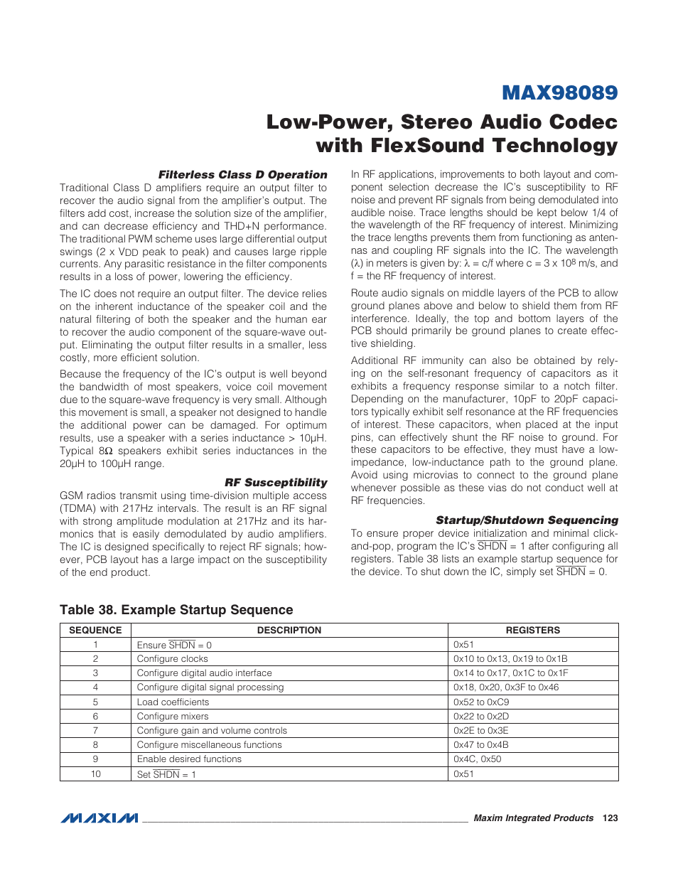 Filterless class d operation, Rf susceptibility, Startup/shutdown sequencing | Table 38. example startup sequence | Rainbow Electronics MAX98089 User Manual | Page 123 / 131