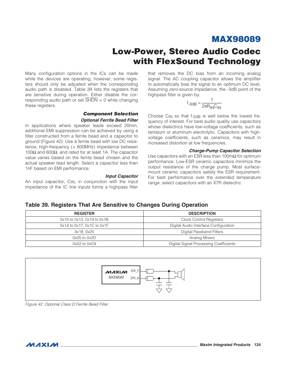 Component selection, Optional ferrite bead filter, Input capacitor | Charge-pump capacitor selection, Figure 42. optional class d ferrite bead, Table 39. registers that are sensitive t | Rainbow Electronics MAX98089 User Manual | Page 124 / 131