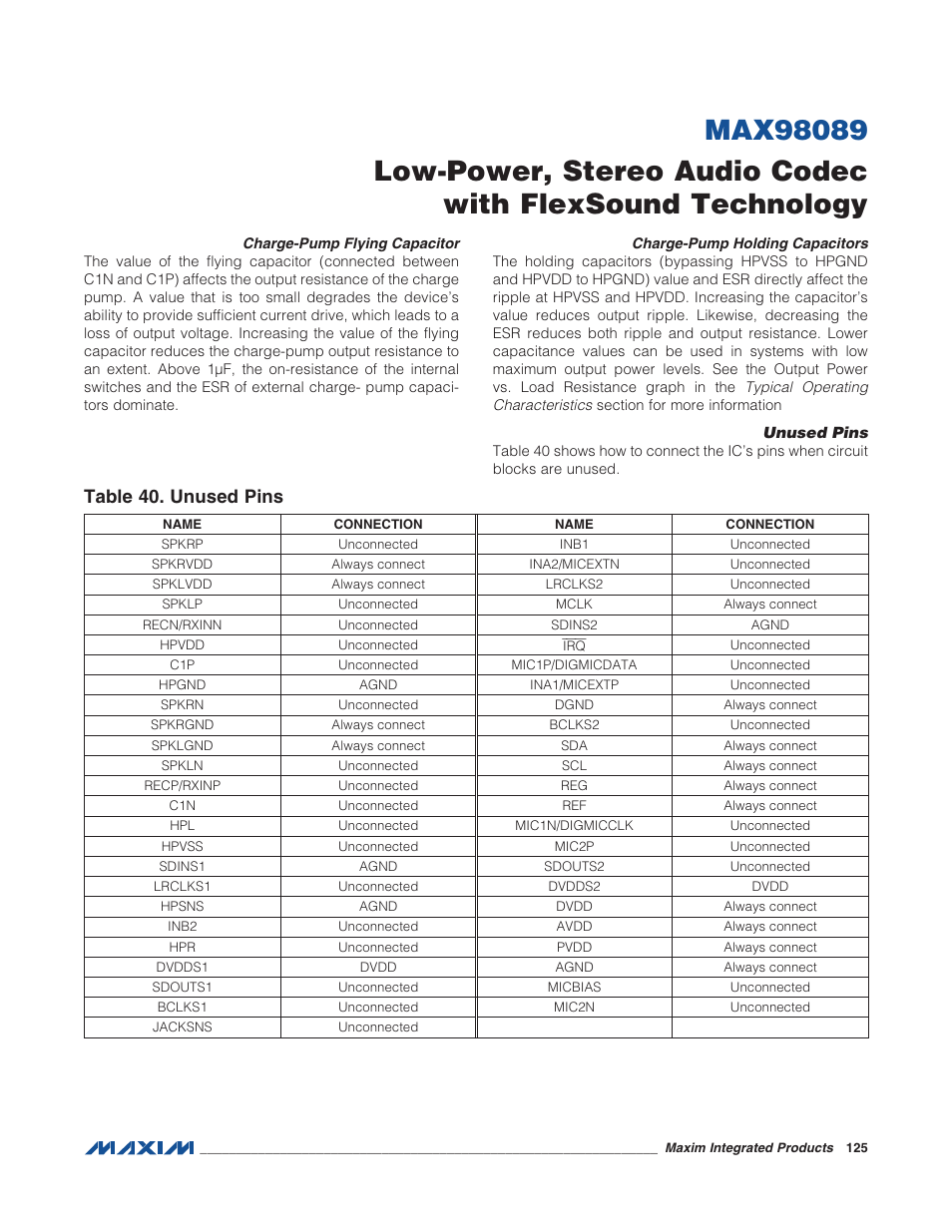 Charge-pump flying capacitor, Charge-pump holding capacitors, Unused pins | Table 40. unused pins | Rainbow Electronics MAX98089 User Manual | Page 125 / 131