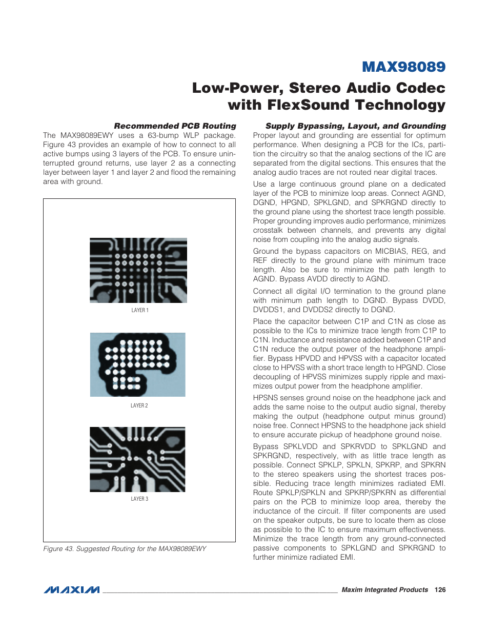 Recommended pcb routing, Supply bypassing, layout, and grounding, Figure 43. suggested routing for the max | Rainbow Electronics MAX98089 User Manual | Page 126 / 131