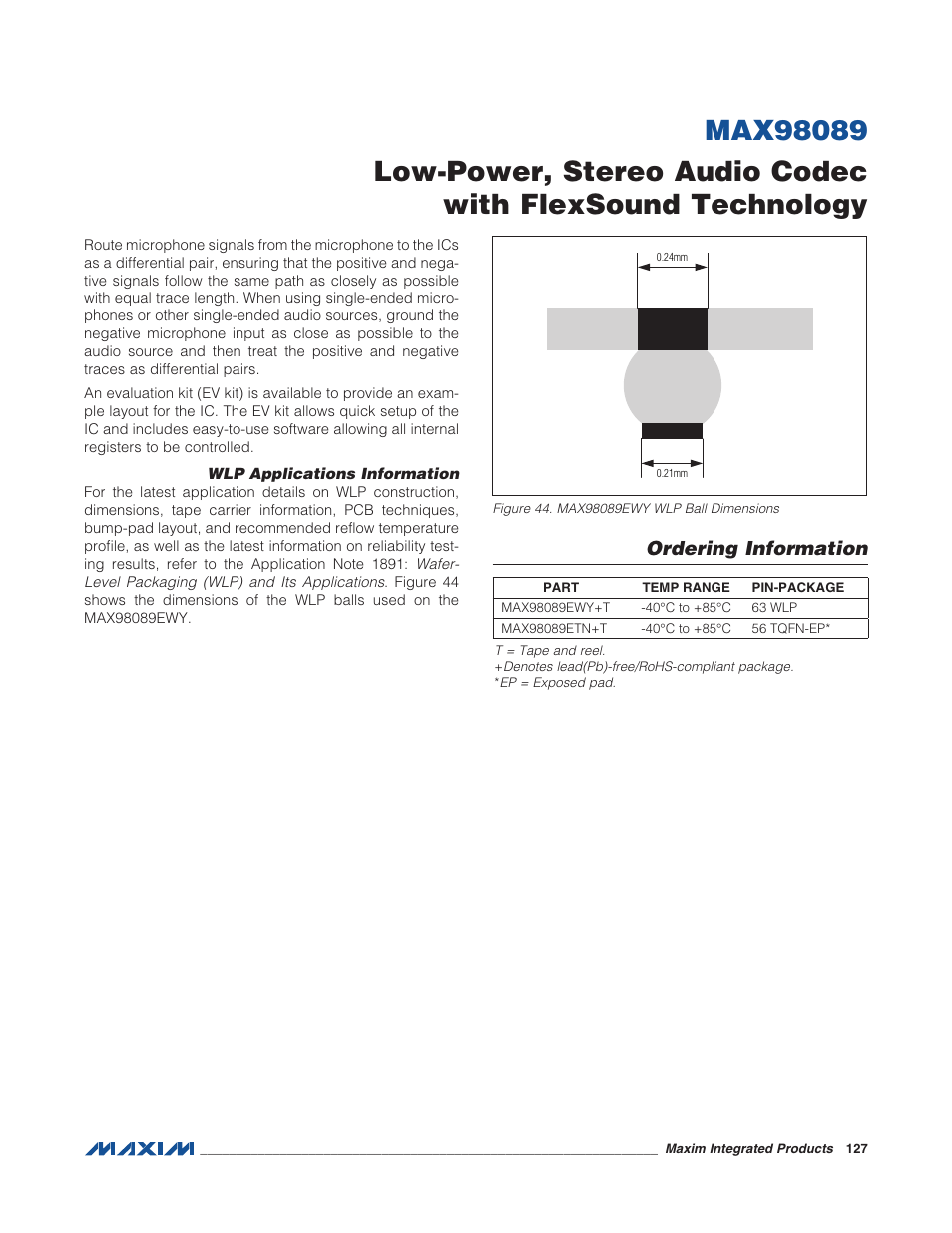 Wlp applications information, Ordering information, Figure 44. max98089ewy wlp ball dimensio | Rainbow Electronics MAX98089 User Manual | Page 127 / 131