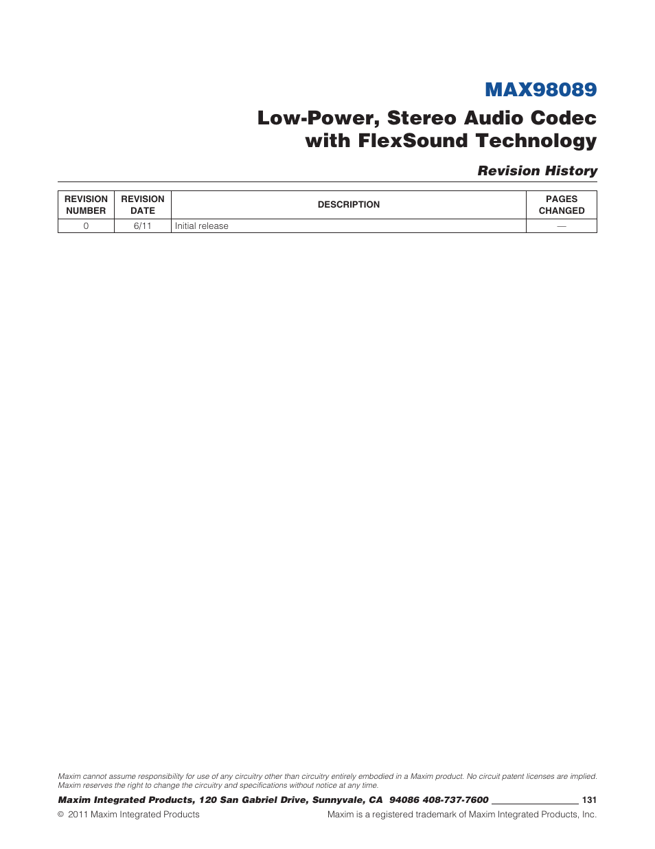 Revision history | Rainbow Electronics MAX98089 User Manual | Page 131 / 131