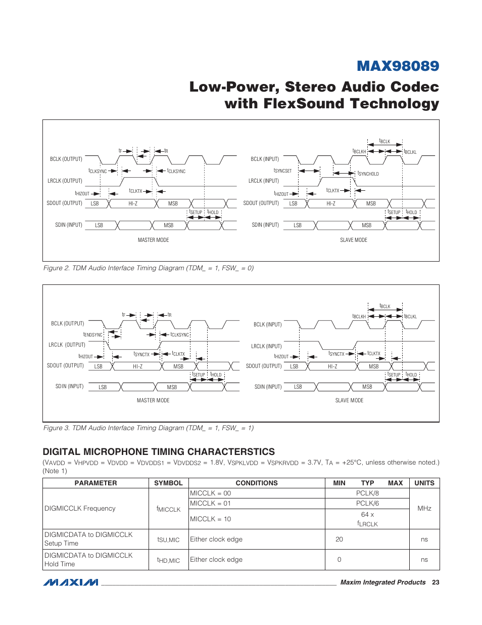 Digital microphone timing characterstics, Figure 2. tdm audio interface timing dia, Figure 3. tdm audio interface timing dia | Rainbow Electronics MAX98089 User Manual | Page 23 / 131