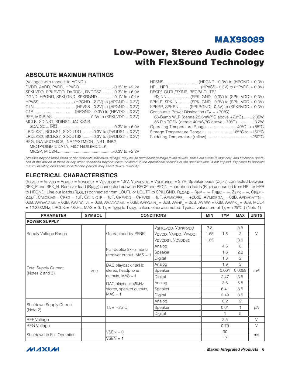 Absolute maximum ratings, Electrical characteristics | Rainbow Electronics MAX98089 User Manual | Page 6 / 131