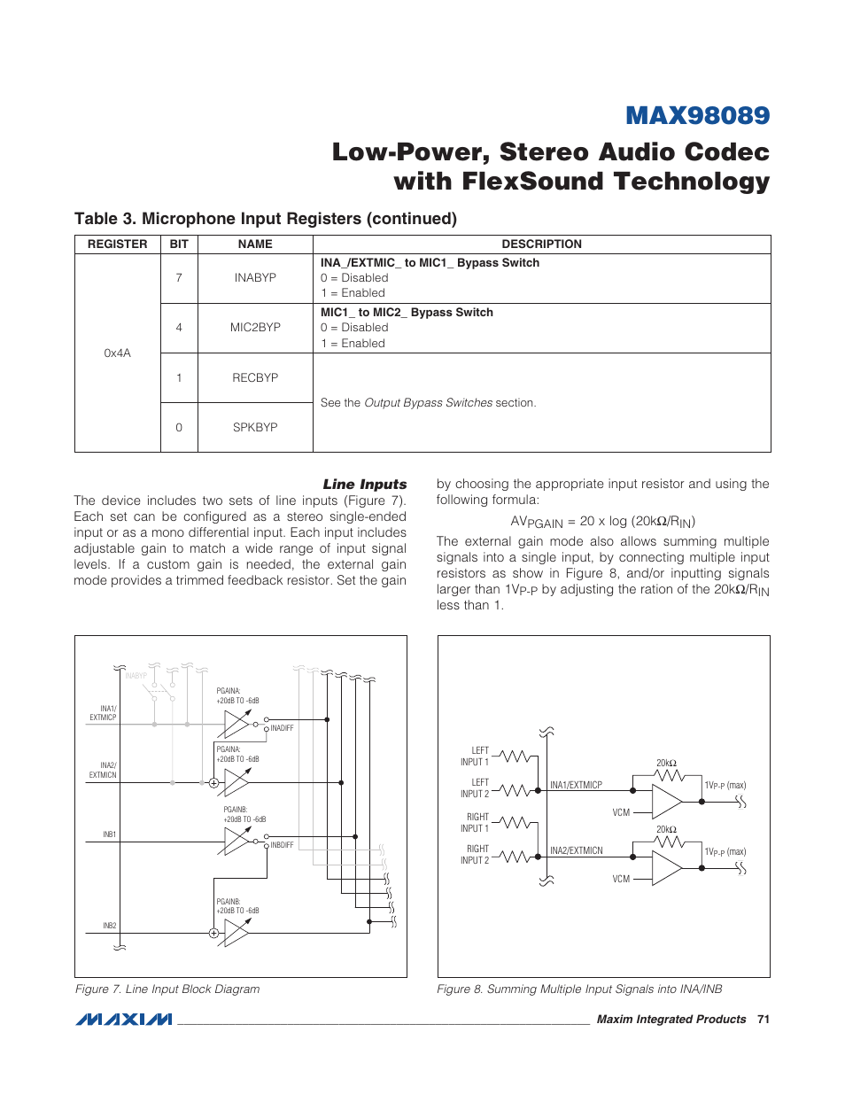 Line inputs, Figure 7. line input block diagram, Figure 8. summing multiple input signals | Table 3. microphone input registers (continued) | Rainbow Electronics MAX98089 User Manual | Page 71 / 131