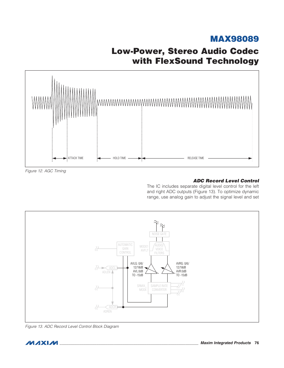 Adc record level control, Figure 12. agc timing, Figure 13. adc record level control bloc | Rainbow Electronics MAX98089 User Manual | Page 76 / 131