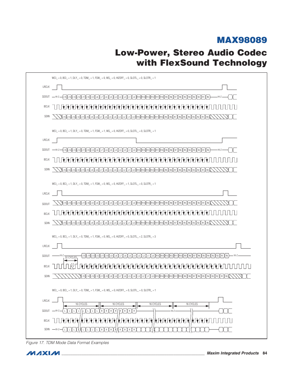 Figure 17. tdm mode data format examples, Maxim integrated products 84 | Rainbow Electronics MAX98089 User Manual | Page 84 / 131