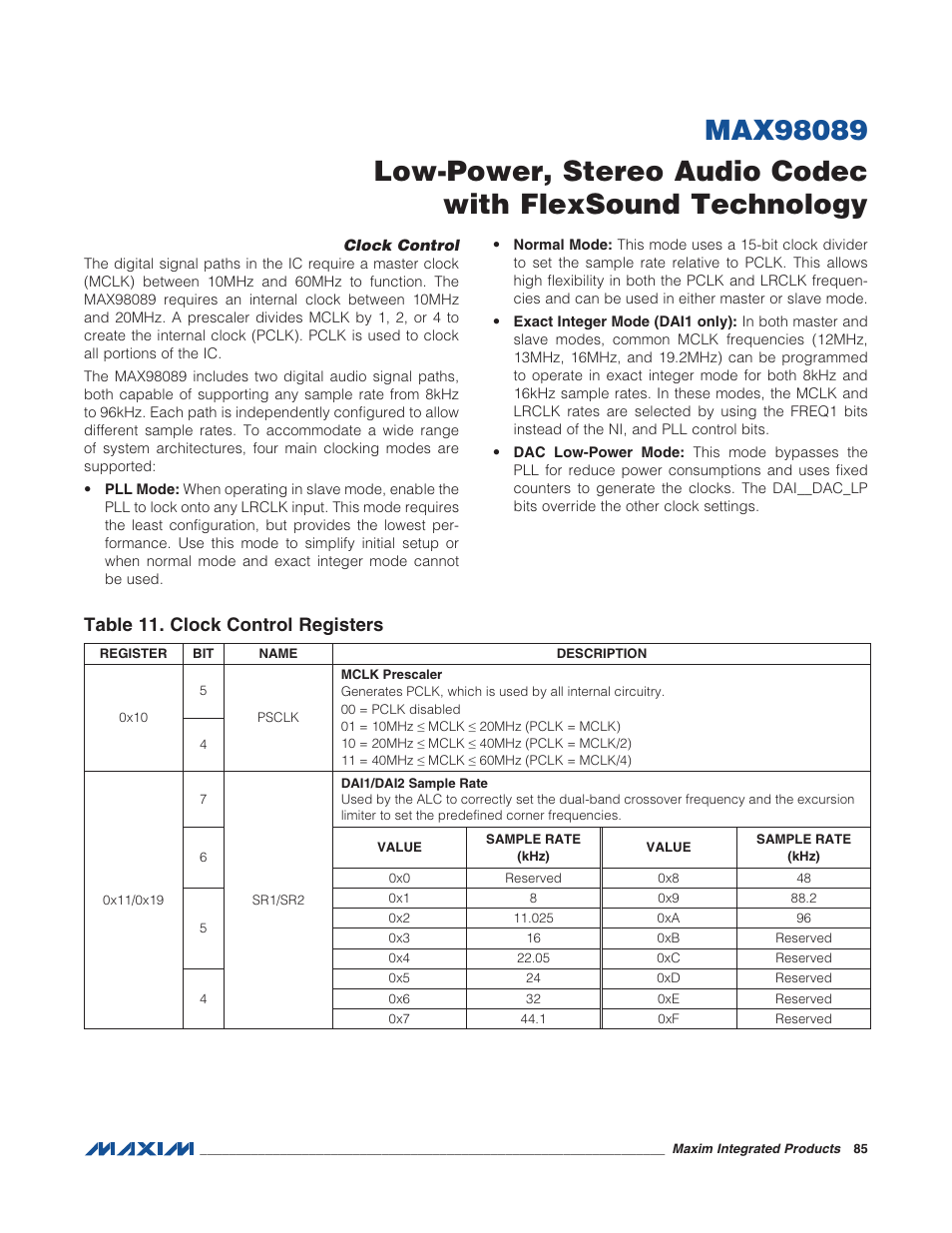 Clock control, Table 11. clock control registers | Rainbow Electronics MAX98089 User Manual | Page 85 / 131
