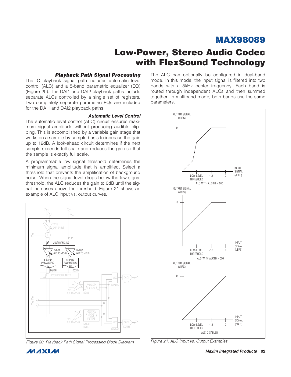 Playback path signal processing, Automatic level control, Figure 21. alc input vs. output examples | Rainbow Electronics MAX98089 User Manual | Page 92 / 131