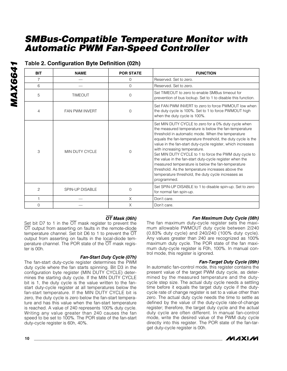 Table 2. configuration byte definition (02h) | Rainbow Electronics MAX6641 User Manual | Page 10 / 17