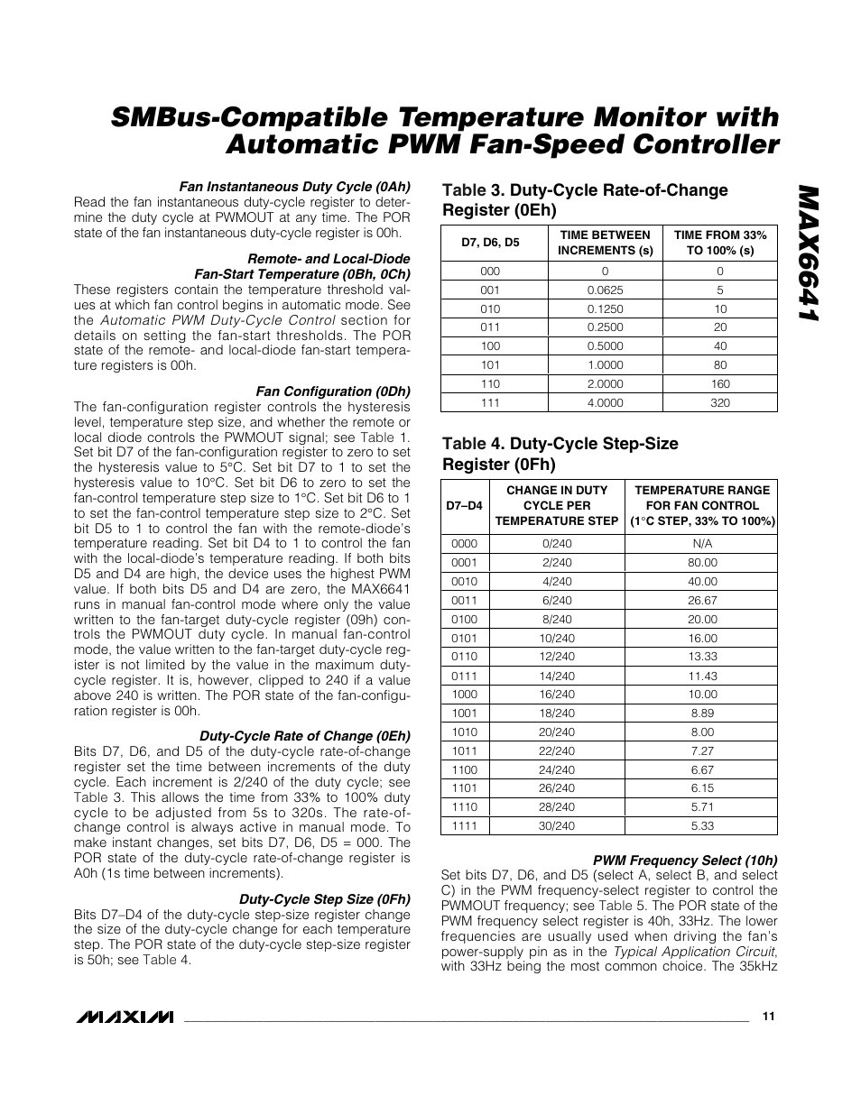 Table 3. duty-cycle rate-of-change register (0eh), Table 4. duty-cycle step-size register (0fh) | Rainbow Electronics MAX6641 User Manual | Page 11 / 17