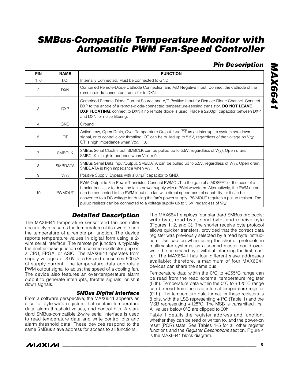 Detailed description, Pin description | Rainbow Electronics MAX6641 User Manual | Page 5 / 17
