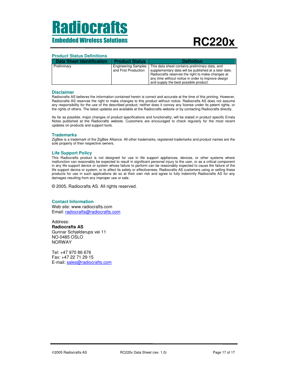 Rc220x | Rainbow Electronics RC2200 User Manual | Page 17 / 17