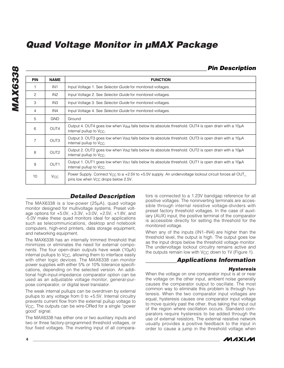 Max6338 quad voltage monitor in µmax package, Detailed description, Applications information | Pin description | Rainbow Electronics MAX6338 User Manual | Page 4 / 8