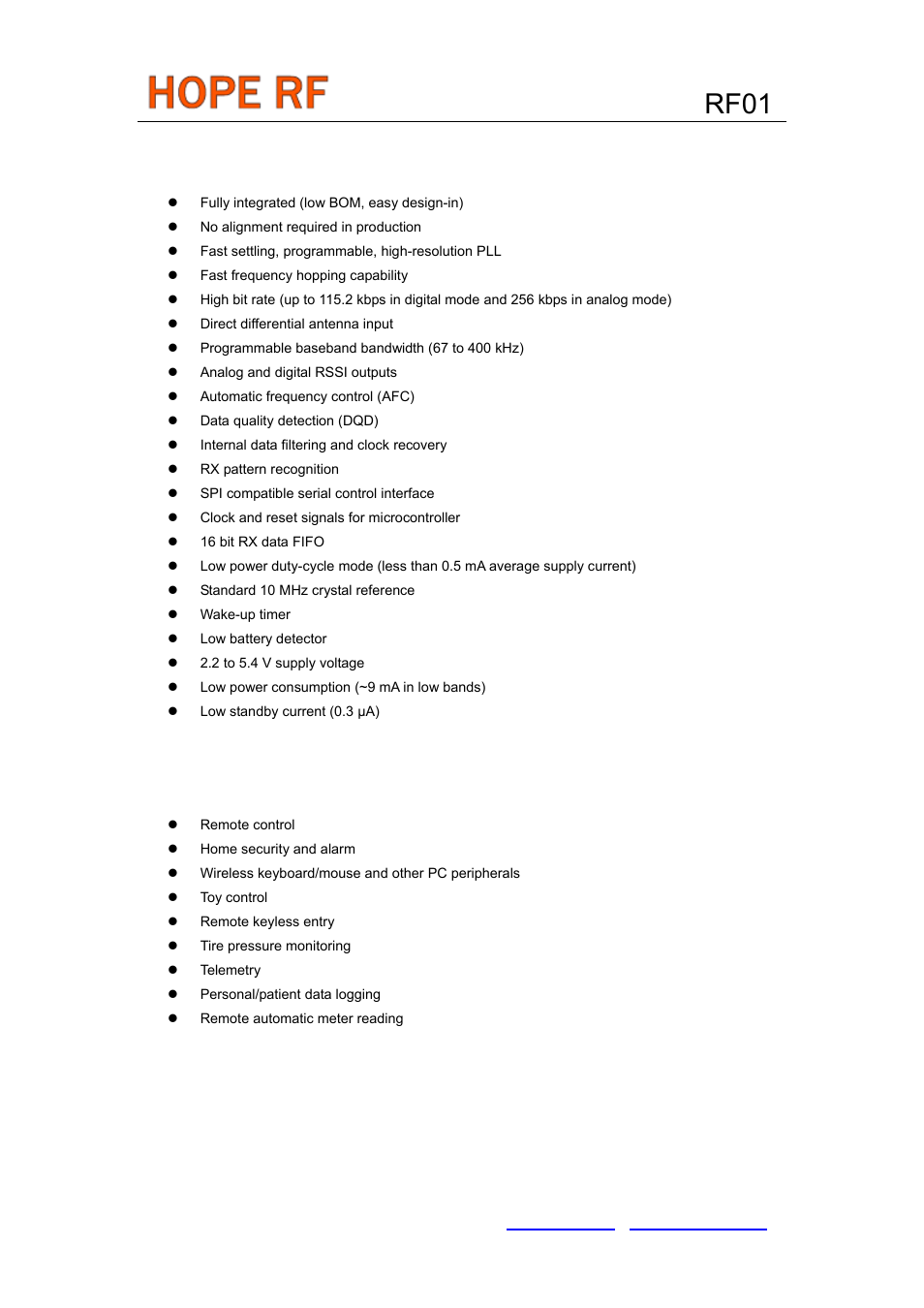 Features, Typical applications, Rf01 | Rainbow Electronics RF01 User Manual | Page 2 / 26